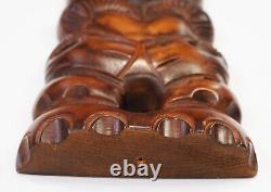 Signed Maori New Zealand Tiki Hand Carved Wooden Shell Mask Plaque Wall Hanging