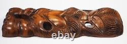 Signed Maori New Zealand Tiki Hand Carved Wooden Shell Mask Plaque Wall Hanging