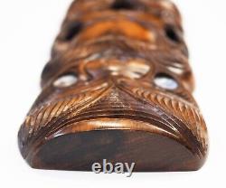 Signed Maori New Zealand Tiki Hand Carved Wooden Shell Mask Plaque Wall Hanging