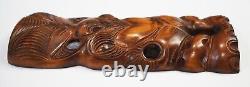 Signed Maori New Zealand Tiki Hand Carved Wooden Shell Mask Plaque Wall Hanging