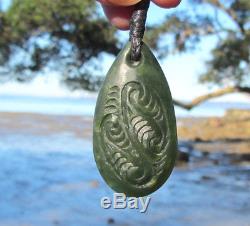 Stunning New Zealand Greenstone Kawakawa Jade Maori Pounamu Engraved Teardrop