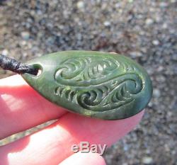Stunning New Zealand Greenstone Kawakawa Jade Maori Pounamu Engraved Teardrop
