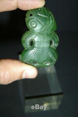 Superb Antique New Zealand Carved Green Jade Chief Tiki Figurine Pendant Amulet