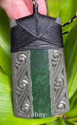 Superb Engraved Onewa Stone Nz Pounamu Greenstone Jade Bound Maori Hei Toki Adze