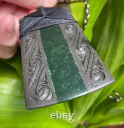 Superb Engraved Onewa Stone Nz Pounamu Greenstone Jade Bound Maori Hei Toki Adze
