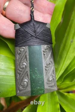 Superb Engraved Onewa Stone Nz Pounamu Greenstone Jade Bound Maori Hei Toki Adze