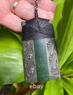 Superb Engraved Onewa Stone Nz Pounamu Greenstone Jade Bound Maori Hei Toki Adze