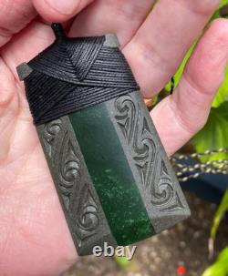 Superb Engraved Onewa Stone Nz Pounamu Greenstone Jade Bound Maori Hei Toki Adze