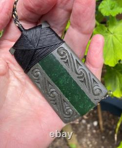Superb Engraved Onewa Stone Nz Pounamu Greenstone Jade Bound Maori Hei Toki Adze
