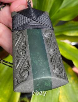 Superb Engraved Onewa Stone Nz Pounamu Greenstone Jade Bound Maori Hei Toki Adze