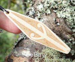 Superb Hand Carved Nz Maori Koru Engraved Inlaid Cattle Bone Pendant
