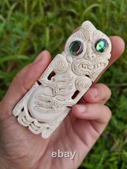 Tiki Large Pendant Maori Hand Carved Bone Abalone Eyes New Zealand