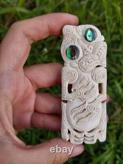 Tiki Large Pendant Maori Hand Carved Bone Abalone Eyes New Zealand