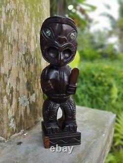 Tiki Maori Hand Carved Ebony Wood Abolone Shell New Zealand