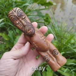 Tiki Maori Hand Carved Wooden Statue New Zealand Abalone Shell