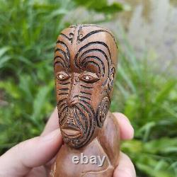 Tiki Maori Hand Carved Wooden Statue New Zealand Abalone Shell
