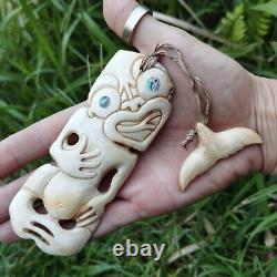 Tiki Pendant Maori Royal Hand Carved Bone Abalone Eyes New Zealand