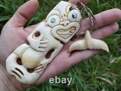 Tiki Pendant Maori Royal Hand Carved Bone Abalone Eyes New Zealand