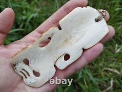 Tiki Pendant Maori Royal Hand Carved Bone Abalone Eyes New Zealand