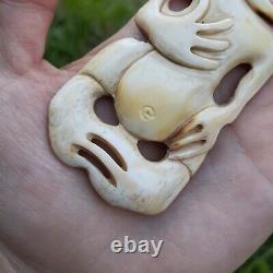 Tiki Pendant Maori Royal Hand Carved Bone Abalone Eyes New Zealand