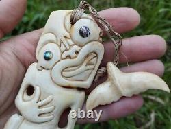 Tiki Pendant Maori Royal Hand Carved Bone Abalone Eyes New Zealand