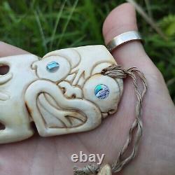 Tiki Pendant Maori Royal Hand Carved Bone Abalone Eyes New Zealand