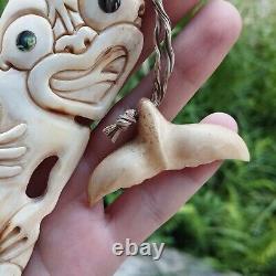 Tiki Pendant Maori Royal Hand Carved Bone Abalone Eyes New Zealand