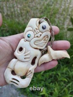Tiki Pendant Maori Royal Hand Carved Bone Abalone Eyes New Zealand