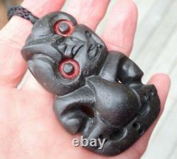 Traditional Hand Carved One Of Kind New Zealand Basalt Red Eyed Maori Hei Tiki