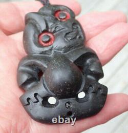 Traditional Hand Carved One Of Kind New Zealand Basalt Red Eyed Maori Hei Tiki