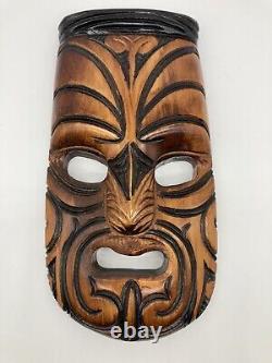 Tribal Maori Koruru Hand Carved Kauri Wood Mask Wall Decor New Zealand 9 7/8