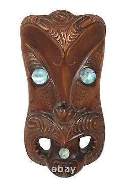 Tribal Maori New Zealand Hand Carved Wood Abalone Mask 10.5 Excellent
