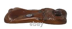 Tribal Maori New Zealand Hand Carved Wood Abalone Mask 10.5 Excellent
