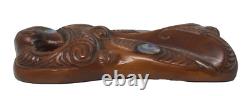 Tribal Maori New Zealand Hand Carved Wood Abalone Mask 10.5 Excellent