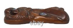 Tribal Maori New Zealand Hand Carved Wood Abalone Mask 10.5 Excellent