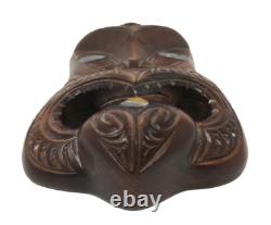 Tribal Maori New Zealand Hand Carved Wood Abalone Mask 10.5 Excellent