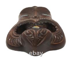 Tribal Maori New Zealand Hand Carved Wood Abalone Mask 10.5 Excellent