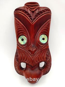 Tribal Maori New Zealand Hand Carved Wood Abalone Paua Koruru Mask Wall Decor