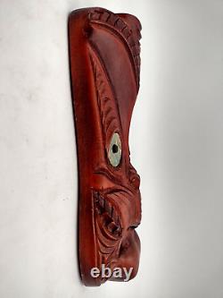 Tribal Maori New Zealand Hand Carved Wood Abalone Paua Koruru Mask Wall Decor