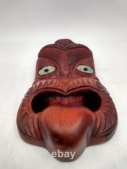 Tribal Maori New Zealand Hand Carved Wood Abalone Paua Koruru Mask Wall Decor