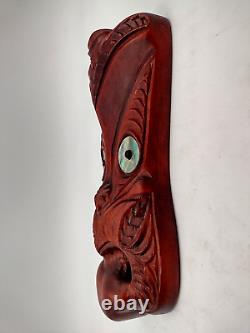 Tribal Maori New Zealand Hand Carved Wood Abalone Paua Koruru Mask Wall Decor