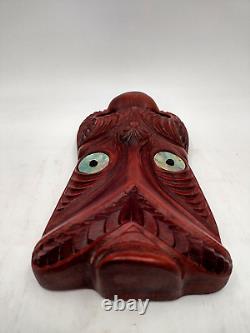 Tribal Maori New Zealand Hand Carved Wood Abalone Paua Koruru Mask Wall Decor