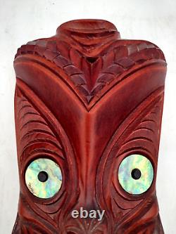 Tribal Maori New Zealand Hand Carved Wood Abalone Paua Koruru Mask Wall Decor