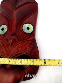 Tribal Maori New Zealand Hand Carved Wood Abalone Paua Koruru Mask Wall Decor