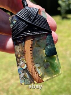 Unique Art Nz Pounamu Jade, Paua Shell, Totara Wood Maori Bound Hei Toki Adze