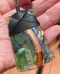 Unique Art Nz Pounamu Jade, Paua Shell, Totara Wood Maori Bound Hei Toki Adze