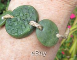 Unique Hand Carved New Zealand Greenstone Pounamu Nephrite Jade Disc Bracelet