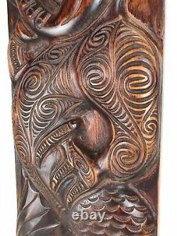 VINTAGE NEW ZEALAND MAORI MANAIA CARVED TIMBER ART PANEL 65 x 22cm PACIFIC TIKI