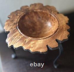VTG Hand Carved New Zealand Silver Beech BURL WOOD BOWL and IRON PEDESTAL SIGNED