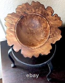 VTG Hand Carved New Zealand Silver Beech BURL WOOD BOWL and IRON PEDESTAL SIGNED